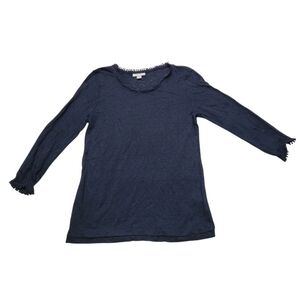 J Jill Love Linen Shirt Long Sleeve Bobble Pom Pom Trim Navy Blue Blouse XS